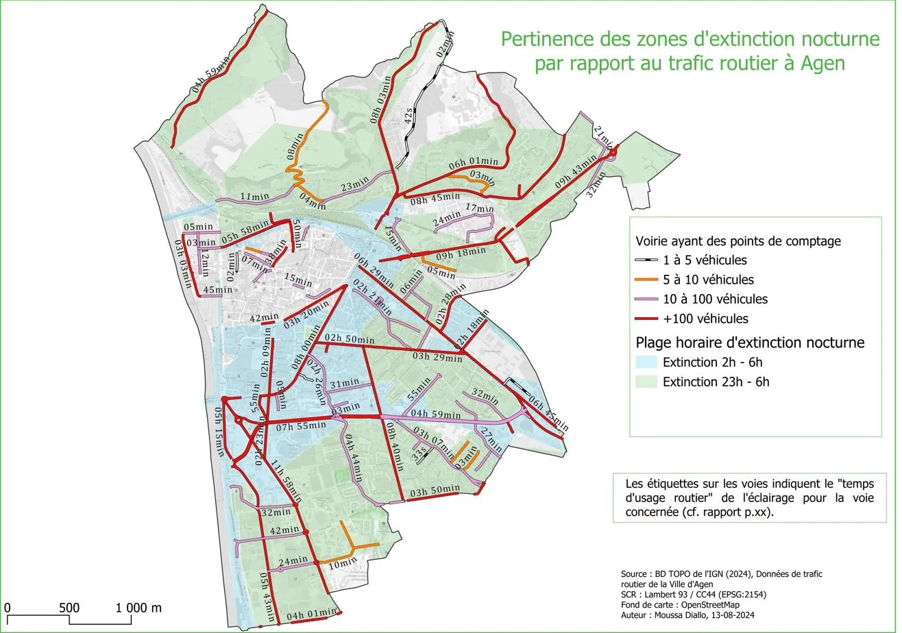 Carte de pertinence des zones d'extinction : voies colorées par volume de trafic nocturne, superposées aux deux plages d'extinction