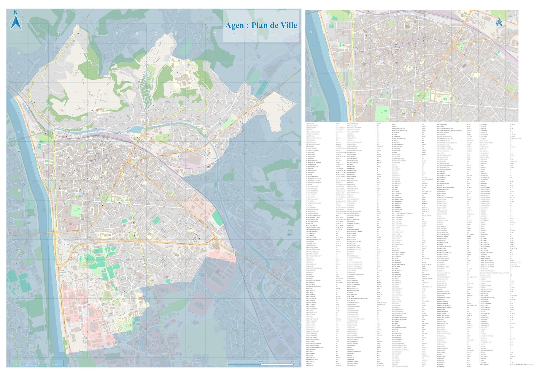 Plan de ville d'Agen livré au service Développement Économique et Attractivité, avec index alphabétique des rues