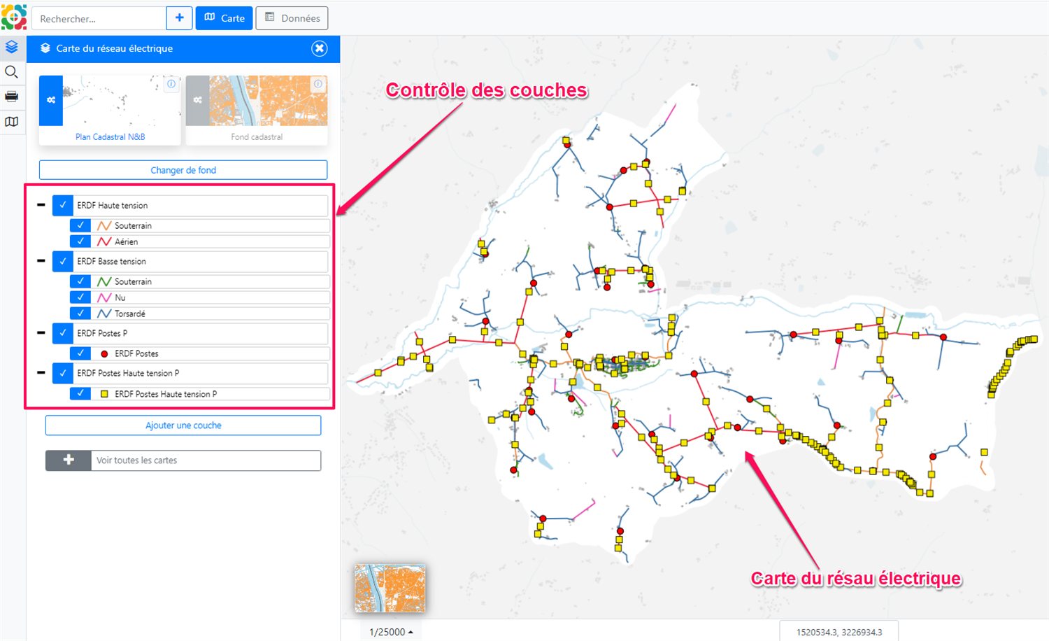Application cartographique du réseau électrique de Puymirol : couches ERDF haute tension, basse tension et postes, avec panneau de contrôle des couches