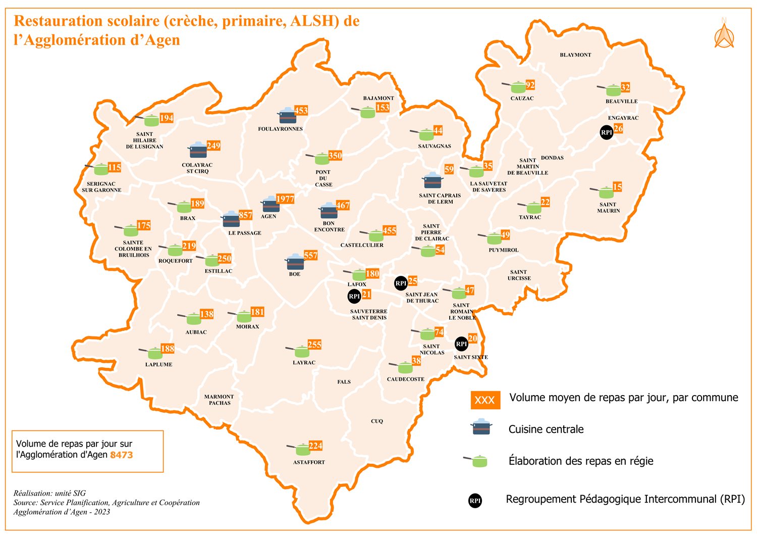Carte de la restauration scolaire de l'Agglomération d'Agen : volume moyen de repas par jour et par commune, cuisines centrales et élaboration en régie