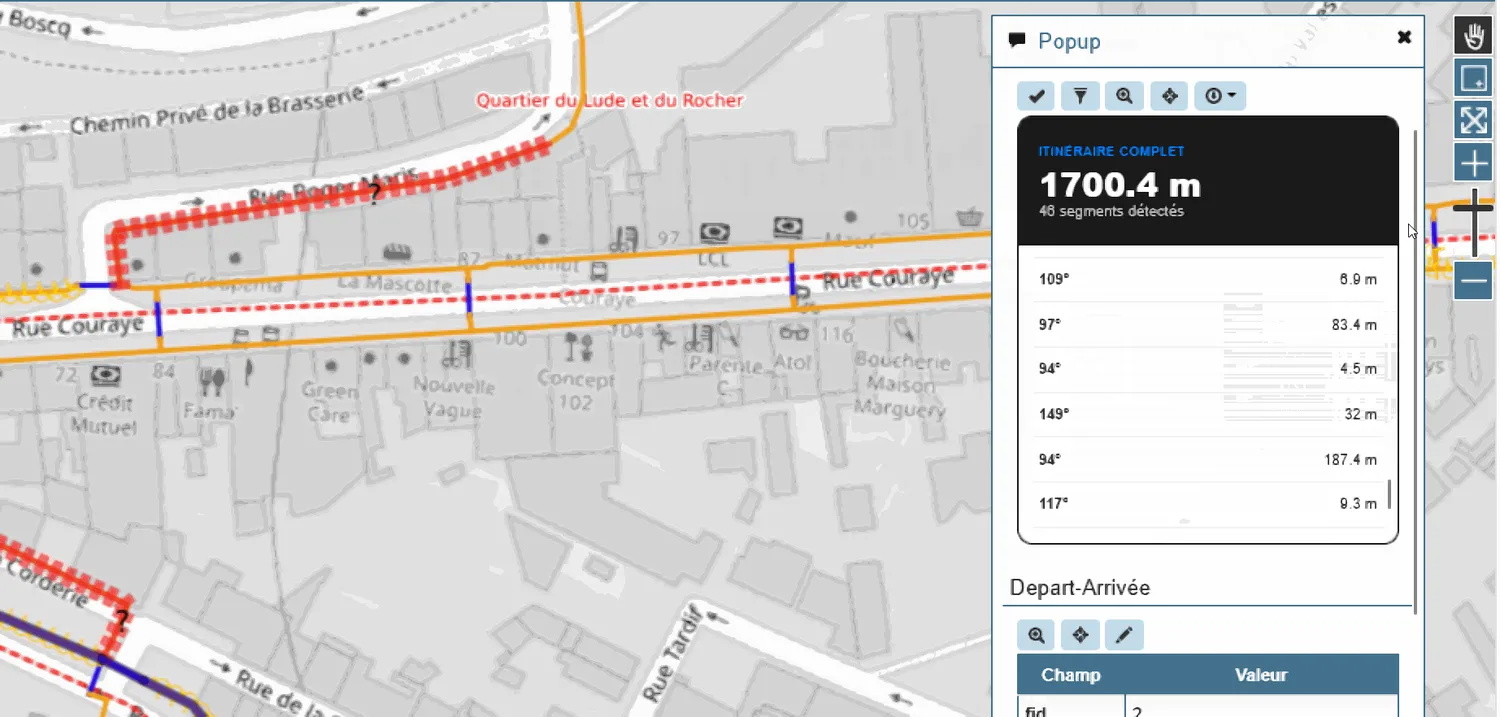 Interface Lizmap affichant un itinéraire PMR calculé de 1700 mètres en 46 segments, avec le détail d'orientation et de longueur de chaque tronçon dans un popup, superposé aux couches d'accessibilité de la voirie
