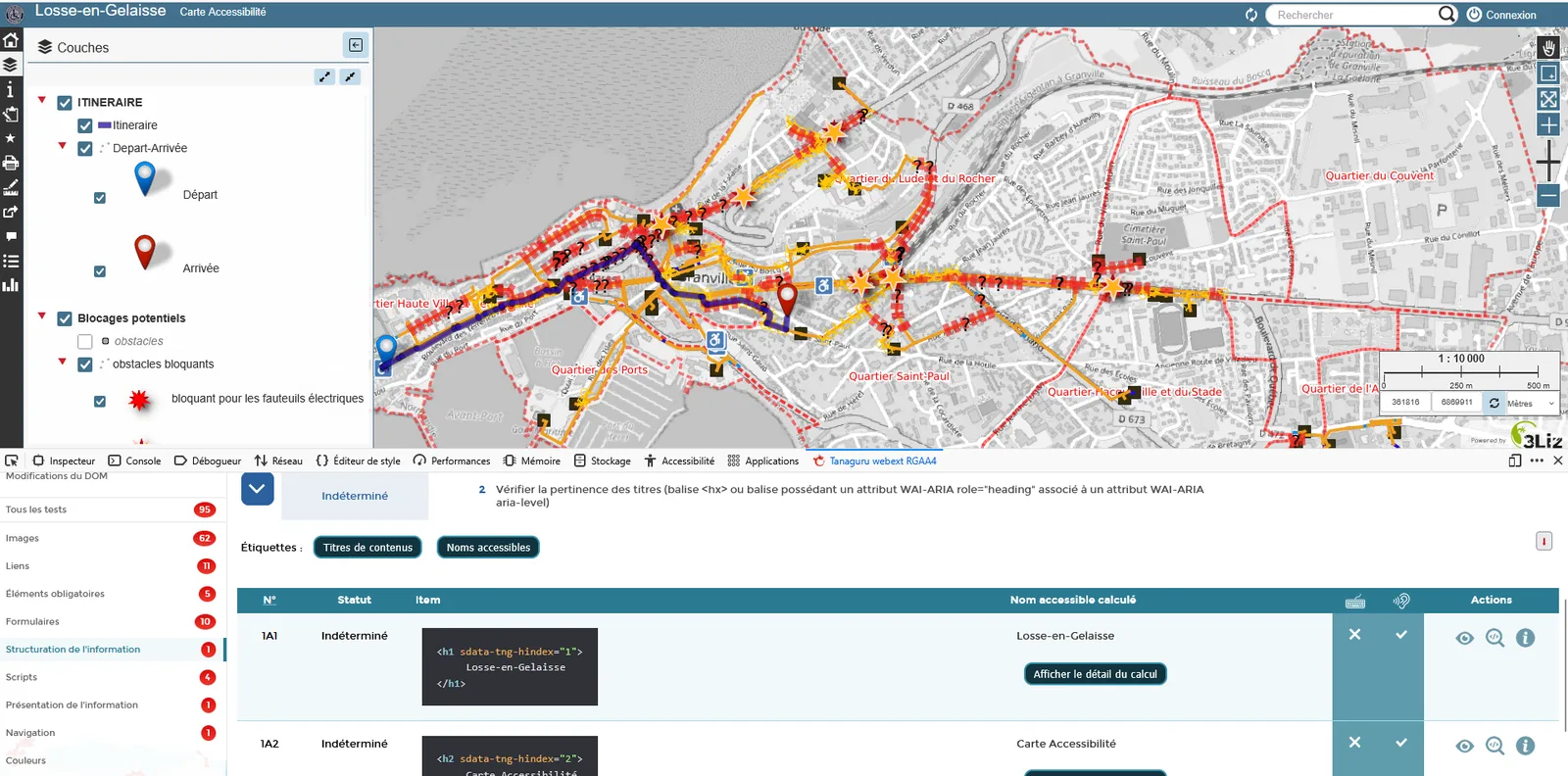 Interface cartographique Lizmap de la plateforme avec itinéraire et obstacles bloquants affichés, et au-dessous le rapport d'audit RGAA de l'extension Tanaguru listant les critères testés par thématique