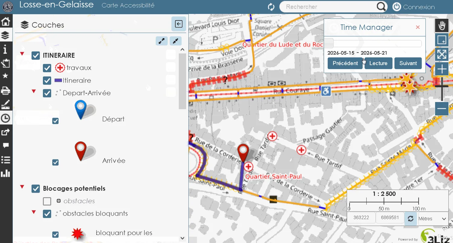 Vue Lizmap avec le composant Time Manager filtrant les zones de travaux sur une semaine donnée, itinéraire et obstacles affichés sur la carte